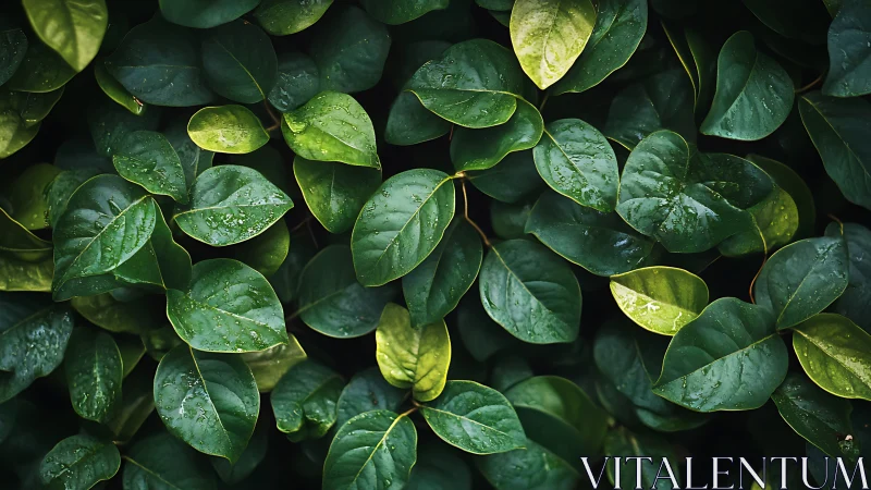 Macro foliage texture with wet green leaves and soft daylight