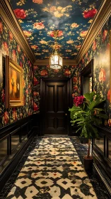 Floral hallway with patterned floor and dark paneled door.