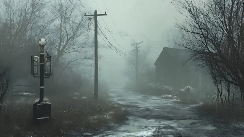 Deserted rural road under rain-soaked winter fog at dusk.