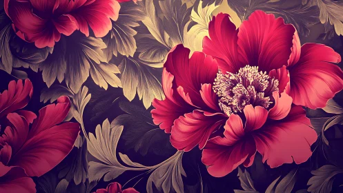 Red Peonies Against Dark Background. Digital Botanical.