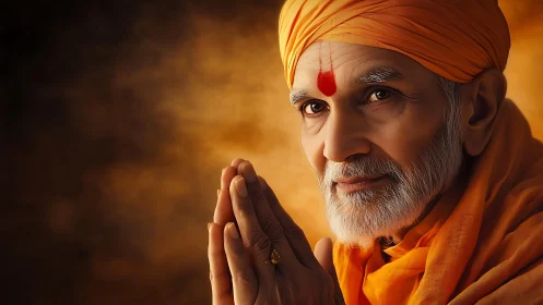 Elderly Hindu guru in saffron robes with folded hands in prayer