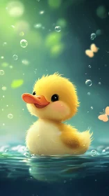 Adorable duckling floats in glowing, magical pond light.