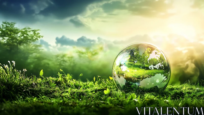 Spherical glass earth reflecting verdant forest sunrise scene.