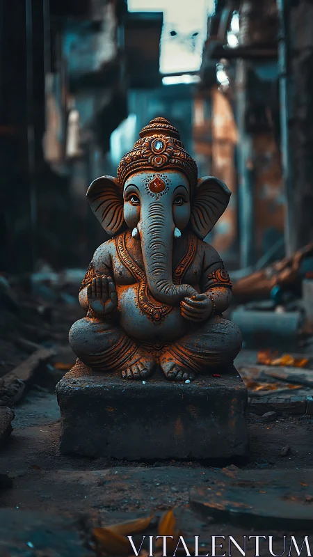 Serene Ganesha statue glowing softly in a quiet alleyway.