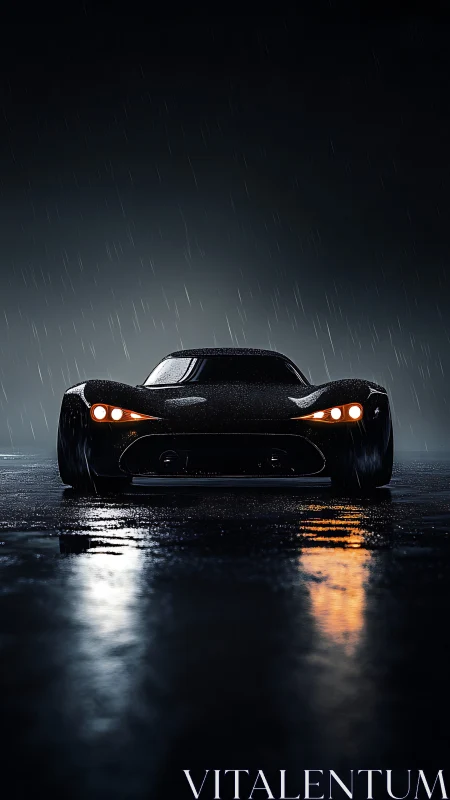Low black supercar idles on wet asphalt in heavy rain