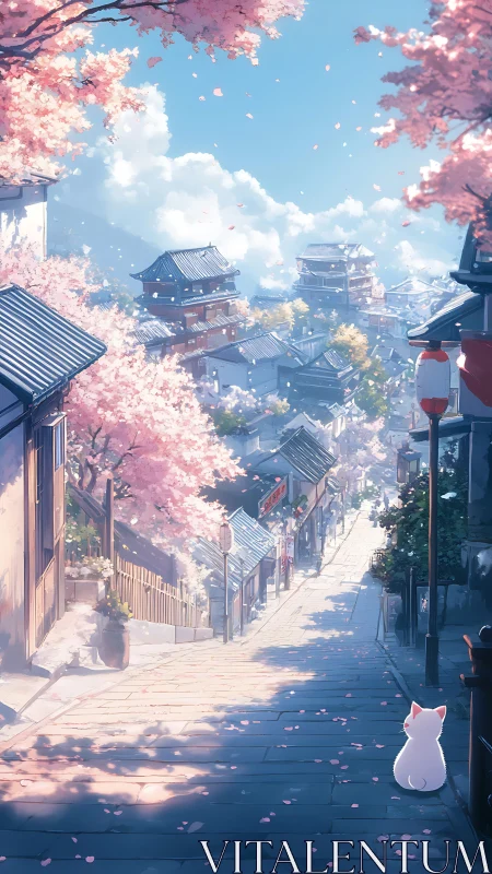 White cat on quiet cherry blossom street in spring.