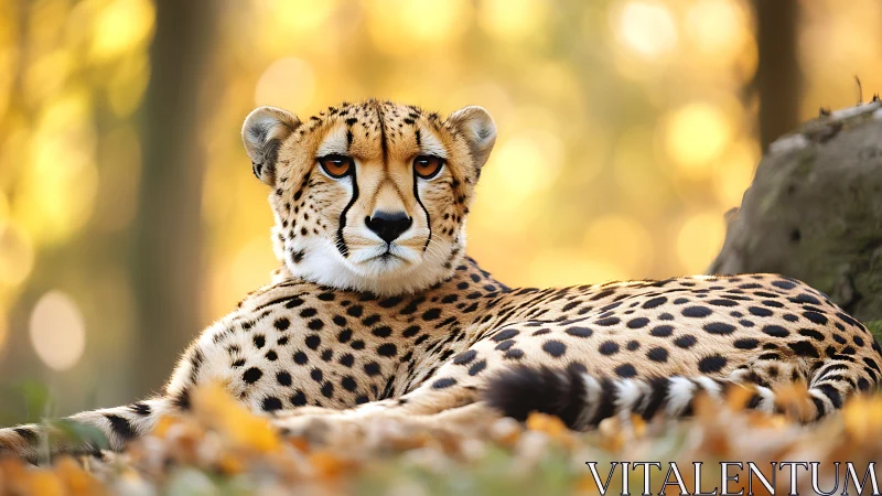 Resting cheetah in golden autumn forest light.