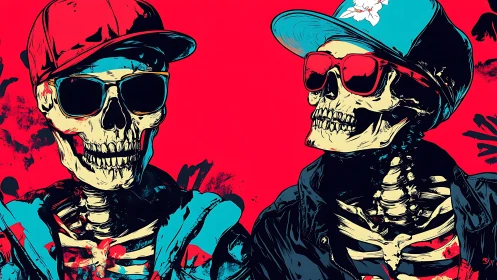 Cool skeleton duo in bright streetwear sharing bold vibes.