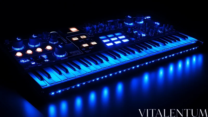 Neon-lit MIDI keyboard controller in cinematic blue glow.