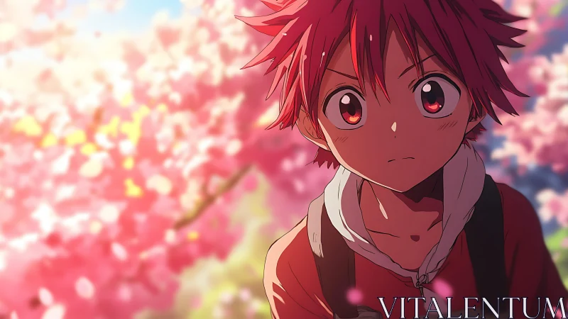 Springlit red-haired anime boy amid drifting cherry dreams.
