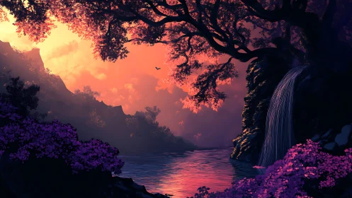 Twilight waterfall refuge under glowing cotton candy skies.