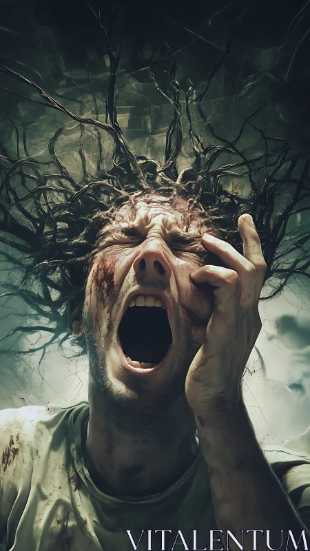 Contorted male figure screaming upward with tendril-like hair motion