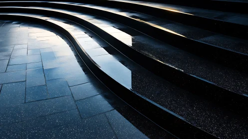 Curved wet stone steps reflect cold dawn light.
