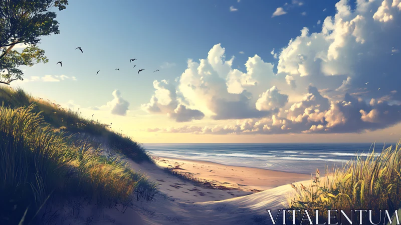 Sunlit dune path leading to a calm and inviting shoreline.