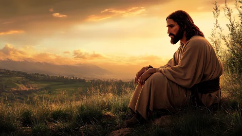 Sunset contemplation over rolling valleys and distant mountains.