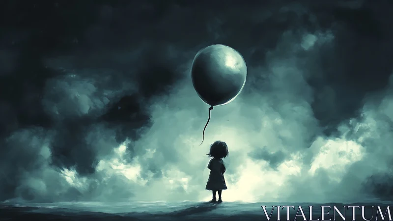 Child with lone balloon under stormy sky of quiet wonder.