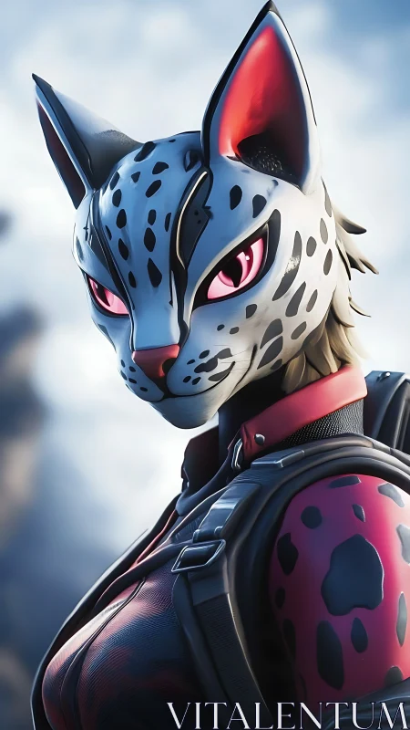 Spotted feline warrior character in red tactical suit.