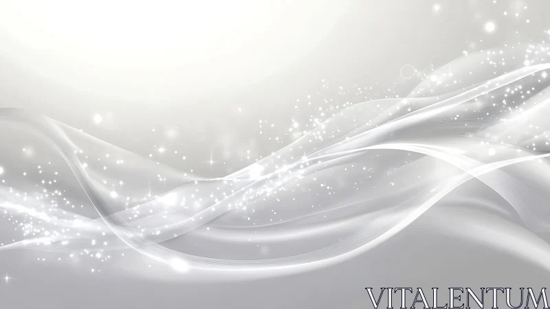 Abstract white flowing waves with sparkling light effects background.