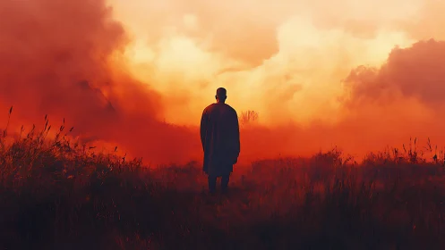 Solitary wanderer walks into a glowing, ember-bright horizon