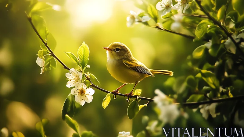 Small Bird on Blossoming Branch in Soft Sunlight, Nature Photography.