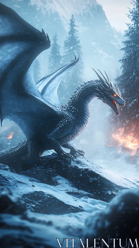 Cryothermal dragon poised in glacial conifer valley flames.