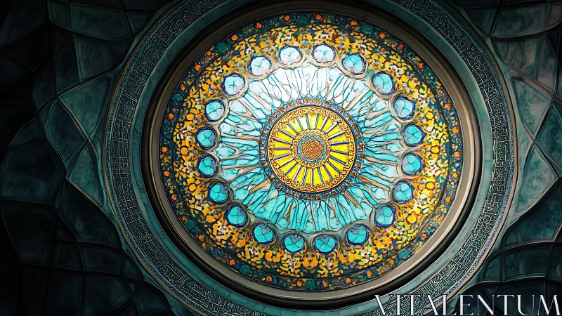 Intricate circular stained glass dome casts radiant turquoise light