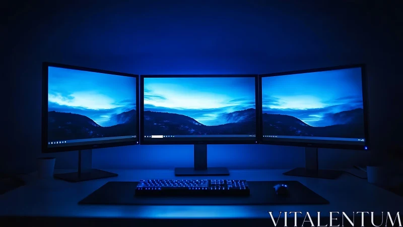 Triple-monitor desktop workstation glows with blue backlight