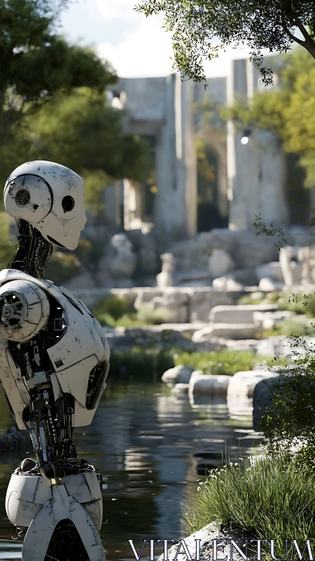 Curious white robot wandering through serene ancient ruins.