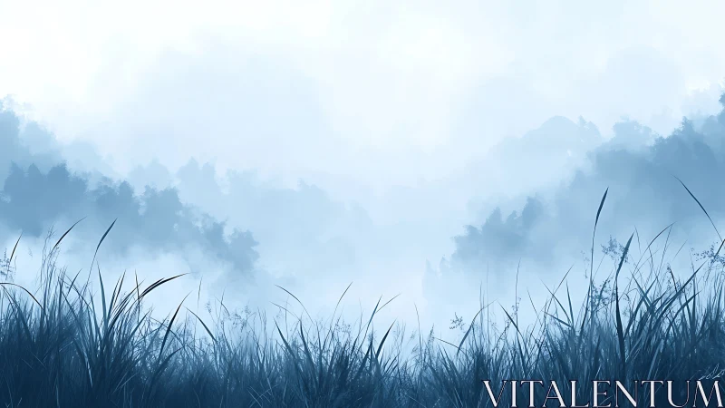 Quiet blue meadow fades into misty forest horizons