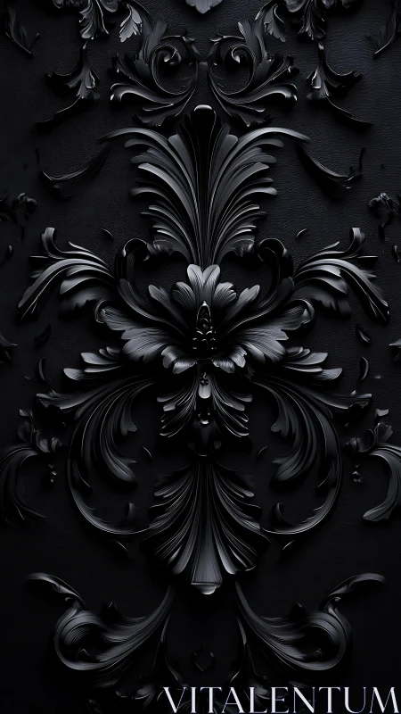 Baroque black bas-relief ornament under directional raking light.