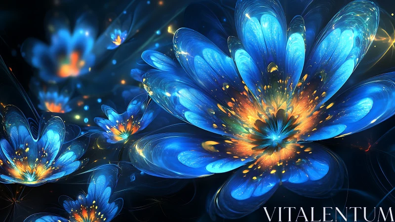 Fractal blue blossoms radiate luminous particle-filled cores in space