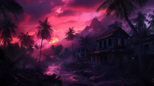 Abandoned Mansion at Dusk: Neon Pink Sky Over Tropical Ruins