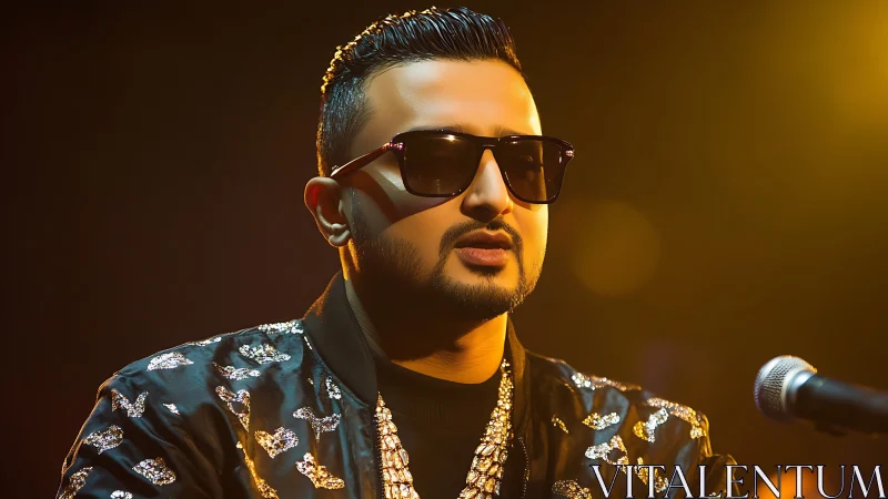 Confident singer shines on stage in warm golden concert light