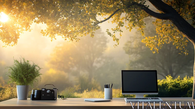 Sunlit outdoor workspace under leafy tree canopy at dawn