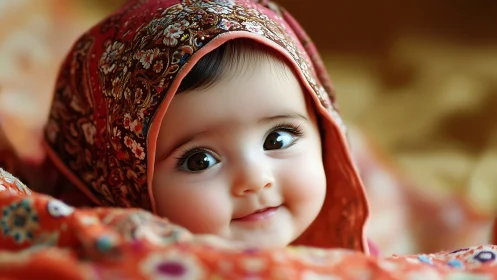 Bright-eyed baby wrapped in colorful patterned scarf.