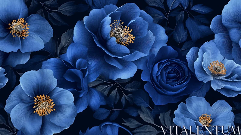 Blue Blooms with Golden Hearts Flourish in Artistic Harmony