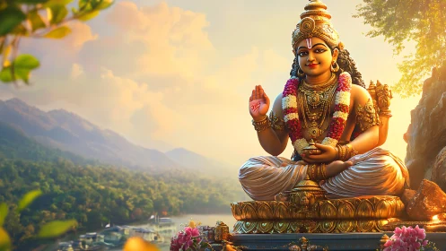 Golden riverfront deity in serene mountain sunrise glow.