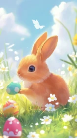 Gentle spring bunny enjoys colorful eggs in a sunny meadow