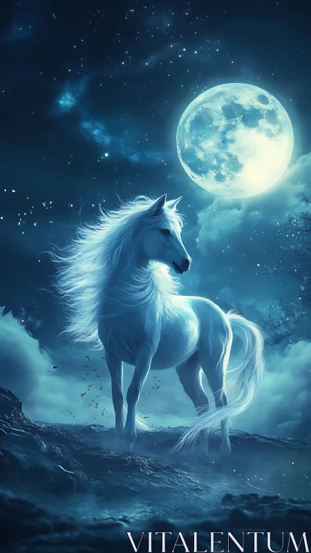 White horse on rocky hill under full moonlit night sky.