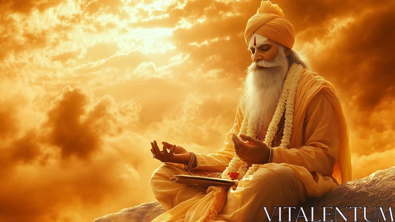 Elderly robed man seated on rock under orange clouded sky.