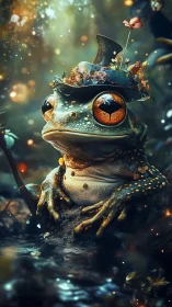 Fantasy frog in ornate hat beside reflective forest stream.