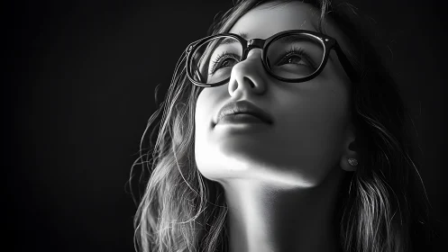 Thoughtful woman gazes upward in dramatic monochrome light