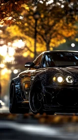 Bold black sports car glows warmly under golden autumn trees