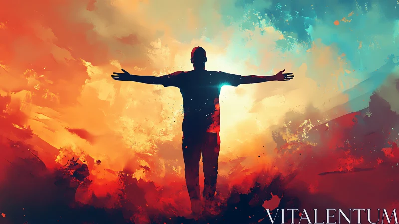 Silhouette in abstract sunrise sky with expansive warm aura.