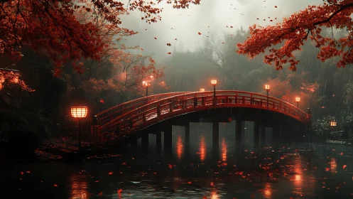 Soft lantern light welcomes over a red bridge in autumn rain