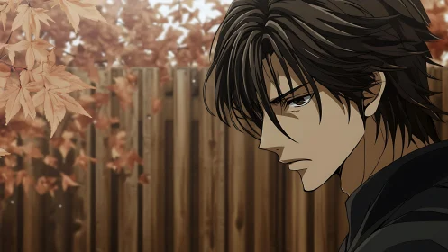 Brooding young man in autumn yard with warm muted palette.