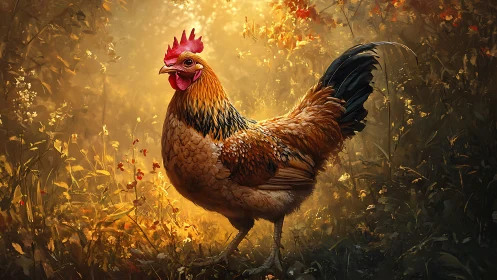 Golden Rooster in Autumnal Field Rendered with Dramatic Lighting