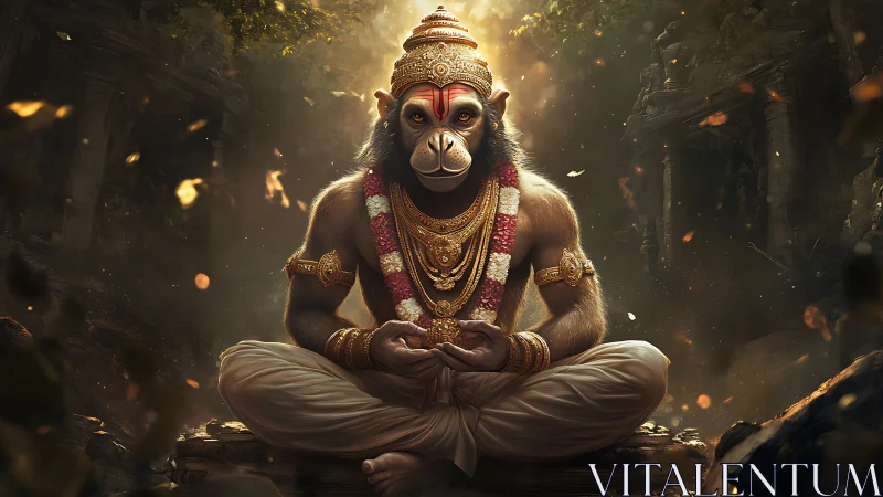 Divine simian sage meditates in jeweled temple twilight.
