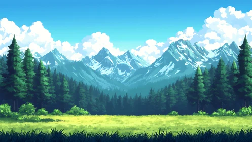 Mountain meadow with evergreen forest and distant peaks.