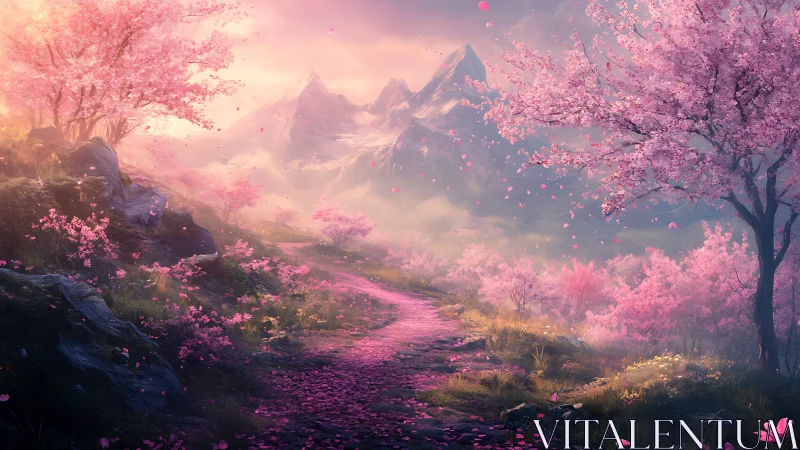 Pink blossom valley path leading toward misty mountains.